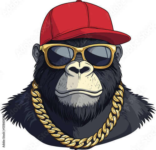 Stylish gorilla wearing sunglasses and a red cap with a gold chain cartoon isolated on transparent background. Vector illustration.