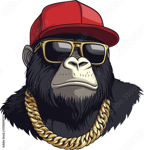Stylish gorilla wearing sunglasses and a red cap with a gold chain cartoon isolated on transparent background. Vector illustration.