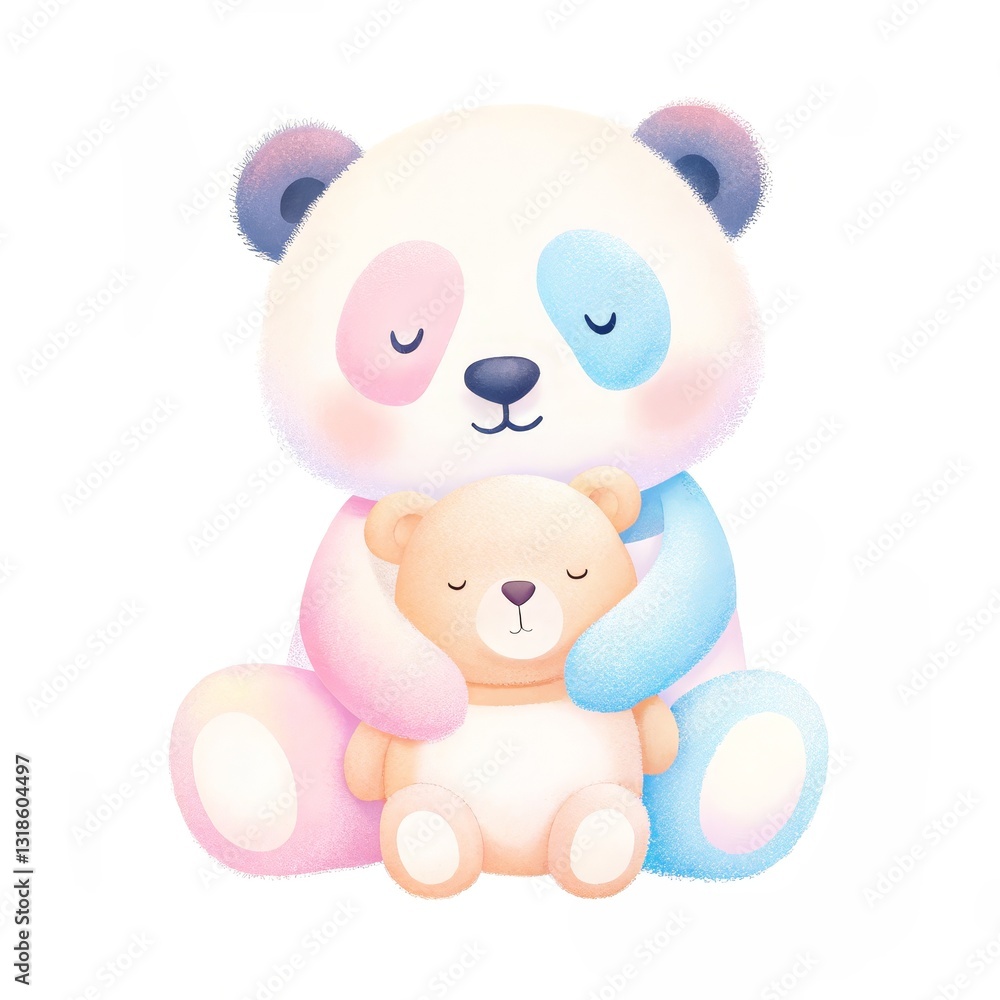 Obraz premium Birthday animal baby monthly Milestone concept, Cute panda hugging a baby bear in a soft, pastel illustration.