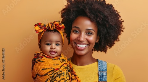 Joyful mother holding smiling baby girl wrapped in colorful scarf against warm orange background