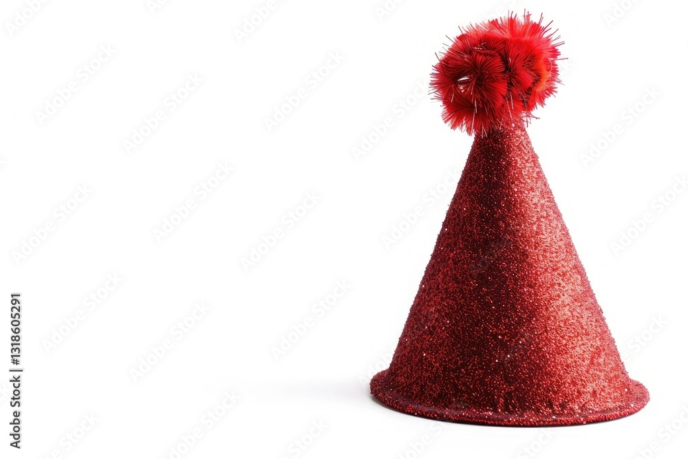 Red Festive Shiny Cone Shaped Hat with Pompom Isolated on White Background Red Festive Shiny Cone Shaped Hat with Pompom Isolated on White Background