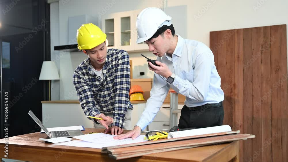 Contractor and architect looking at plan, tablet, laptop and talking about working on big project. Contractor and architect looking at plan, tablet, laptop and talking about working on big project.