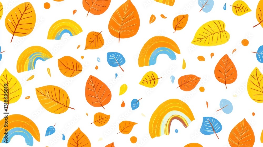 Naklejka premium Autumn Leaves and Rainbow Seamless Pattern Design in Warm Yellow Tones