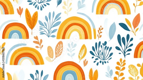 Rainbow and Leaves Pattern Design with Warm Colors for Backgrounds