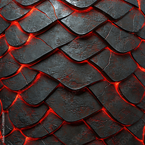Metallic dragon scales glowing lava cracks volcanic rock texture dark fiery reptilian armor intricate fantasy creature rugged molten background mythical beast skin epic fantasy powerful legendary