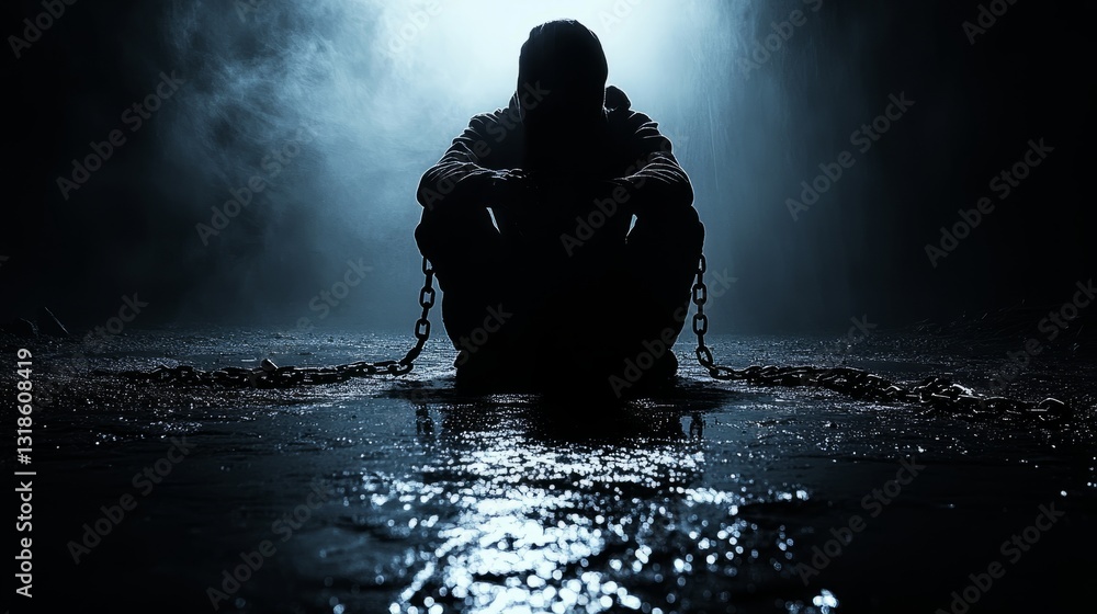 Obraz premium A lone figure in chains sits in darkness, shrouded by mist that deepens the feeling of isolation