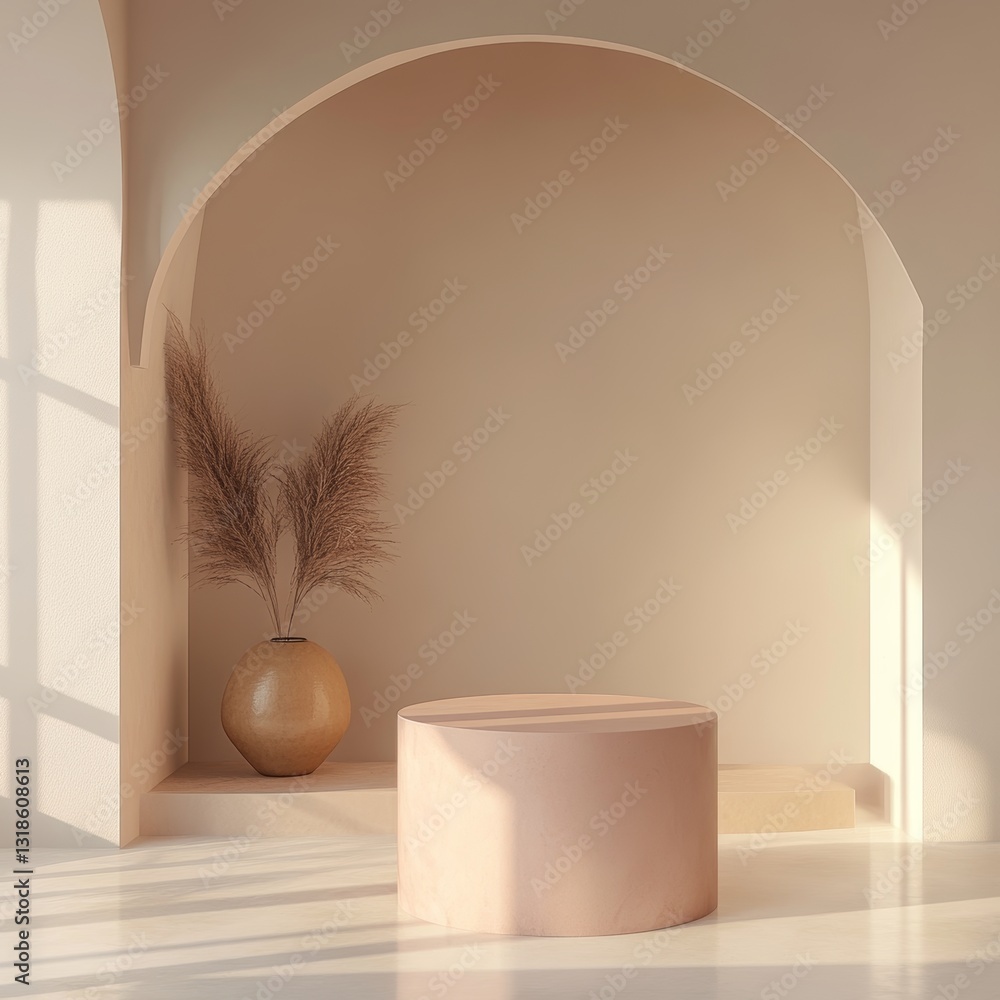 3d render of beige podium with round arch and pampas grass 3d render of beige podium with round arch and pampas grass