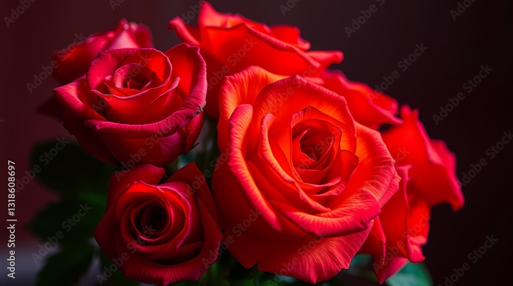 Naklejka premium Scarlet Roses: A close-up of a vibrant bouquet of scarlet roses, their velvety petals fully unfurled, displaying a deep red hue, radiating warmth and passion.