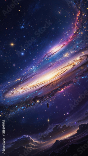 宇宙空間に浮かぶ星雲と星と渦巻きと雲海