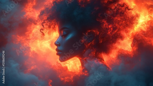 A silhouette of a woman appears from swirling fiery colors and soft smoke, radiating elegance and mystique