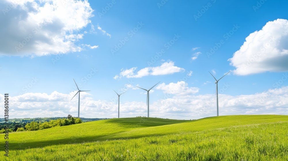 wind turbines on a green hill generating renewable energy under a clear blue sky, alternative energy concept
wind turbines on a green hill generating renewable energy under a clear blue sky, alternative energy concept