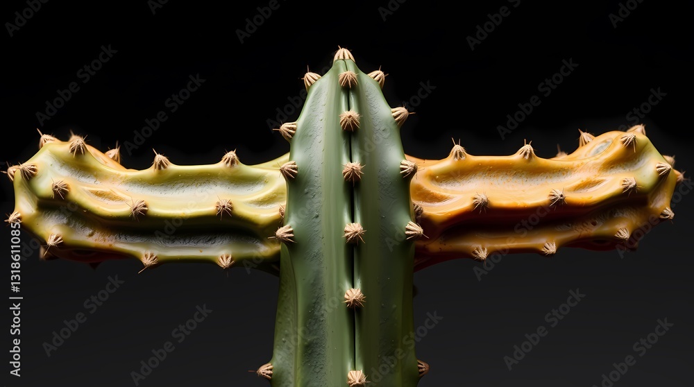 Naklejka premium Cactus Abstract in a Darkroom: Captivating close-up captures the unique, geometric form and vibrant hues of a cactus set against a stark, black background, showcasing its intricate details.