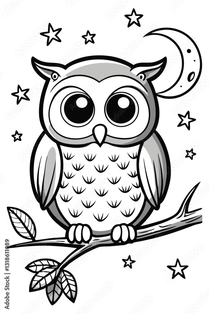 Fototapeta premium Cute Big-Eyed Owl Sitting on Tree Branch with Moon and Stars – Kids’ Coloring Page, Owl Coloring Page, Owl Sitting on Branch, Cute Owl and Moon Drawing