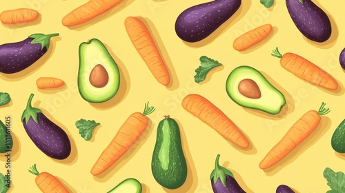 Wallpaper Mural A playful, scattered mix of organic vegetables like avocados, carrots, and eggplants on a solid yellow background, perfect for a modern, fresh food concept. Torontodigital.ca