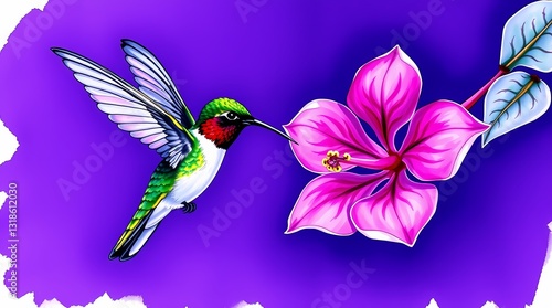Hummingbird's Nectar Feast: A vibrantly colored hummingbird, with its long beak elegantly poised, indulges in the sweet nectar of a blooming hibiscus flower.