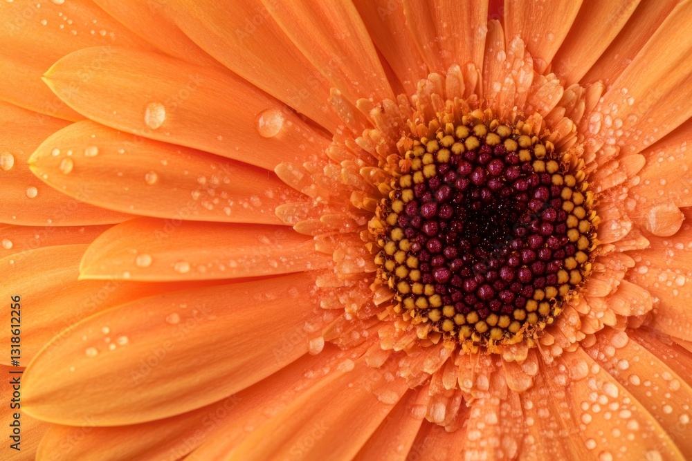 Macro Shot of Orange Gerbera Flower with Water Droplets Detail Macro Shot of Orange Gerbera Flower with Water Droplets Detail