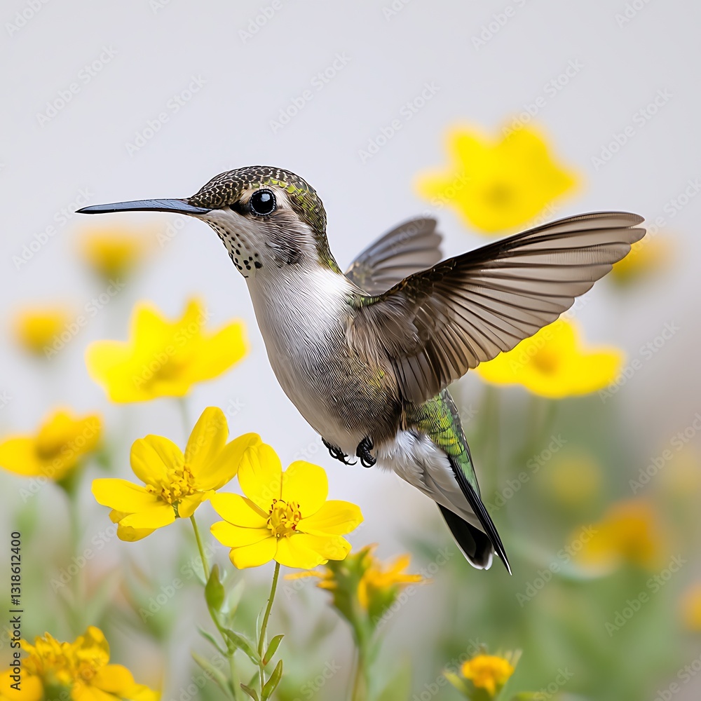 Fototapeta premium Hummingbird Hovering for Yellow Flowers.
