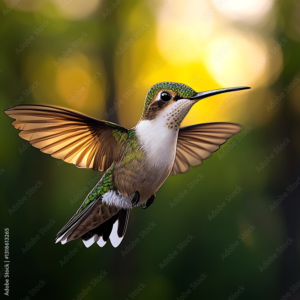 Fototapeta premium Hummingbird in Flight for Forest Sunset.
