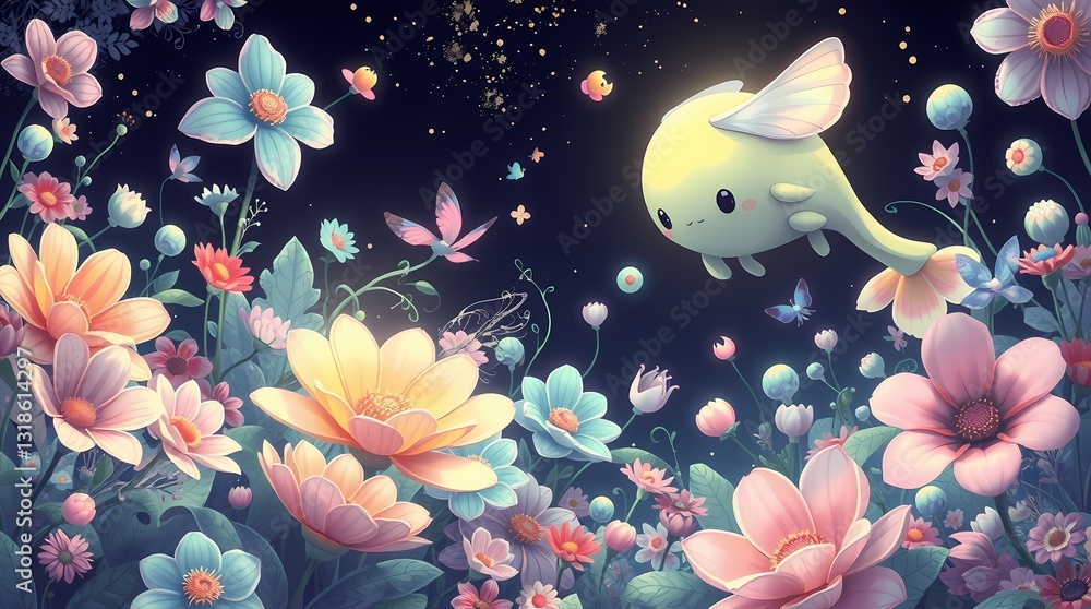 Celestial Bloom: A whimsical scene of a glowing, friendly creature with delicate wings amidst a field of oversized, pastel-colored flowers under a starry night sky, evokes a sense of wonder and magic. Celestial Bloom: A whimsical scene of a glowing, friendly creature with delicate wings amidst a field of oversized, pastel-colored flowers under a starry night sky, evokes a sense of wonder and magic.