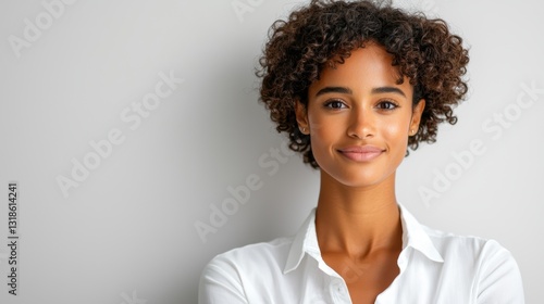 Smiling woman with curly hair in casual attire.