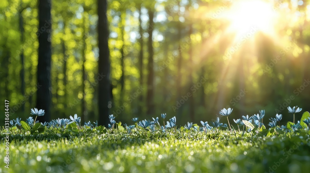 Fototapeta premium Sunlight filtering through green trees onto blooming flowers.