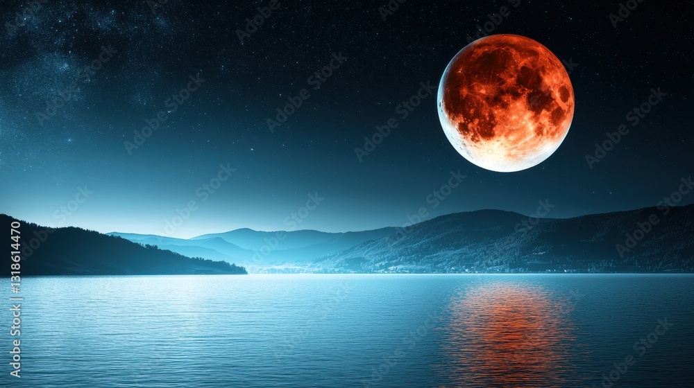 A glowing red moon over a serene lake at night. A glowing red moon over a serene lake at night.