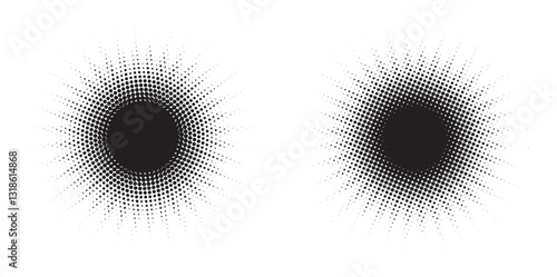 Halftone circle frame background set. Round border Icon using halftone random circle. Grunge circular stain. Vector illustration.