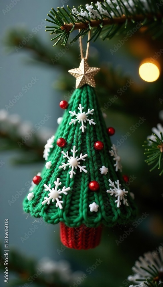 Fototapeta premium Knitted pine tree ornament with sequined snowflakes, pine tree, Xmas craft, winter