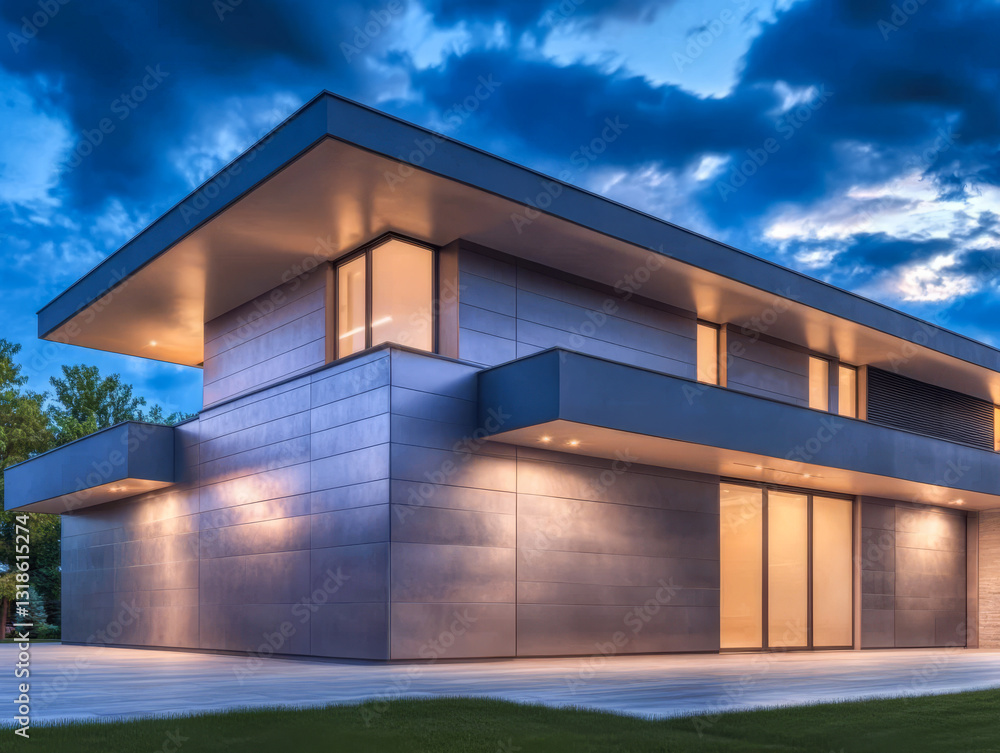 Fototapeta premium Modern architecture featuring sleek lines and creative design during twilight hours