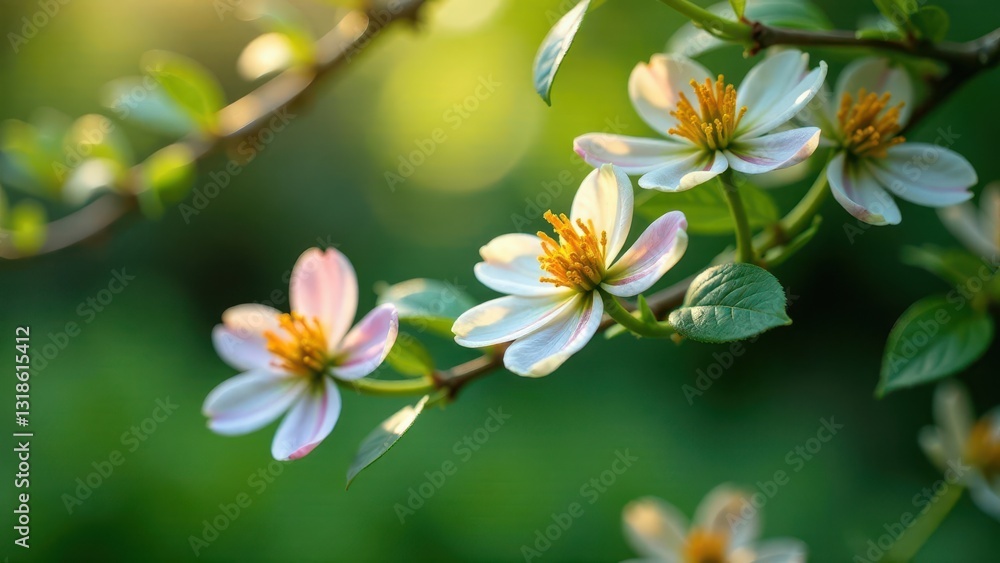 Obraz premium Delicate Spring Blossoms Basking in Golden Sunlight on a Lush Green Branch
