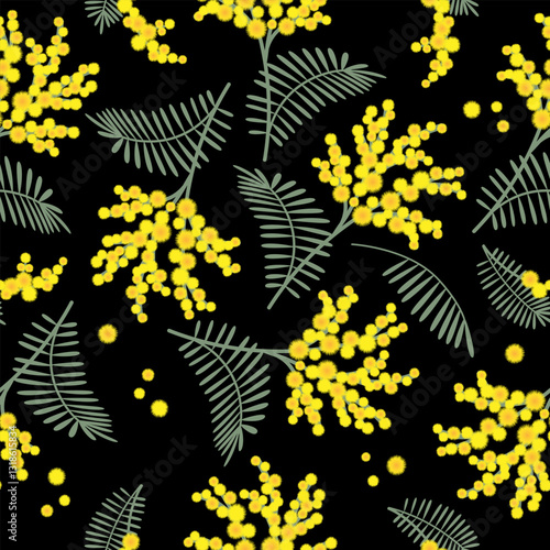 Spring seamless pattern with mimosa flowers on black background. Great for fabrics, especially for linens, wrapping papers, wallpapers, covers.