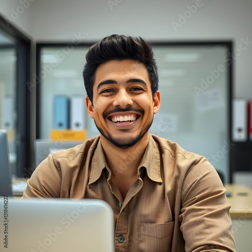 Esta es una gran foto para Photoshop, y el hombre hispano está sonriendo y animando solo en su oficina.