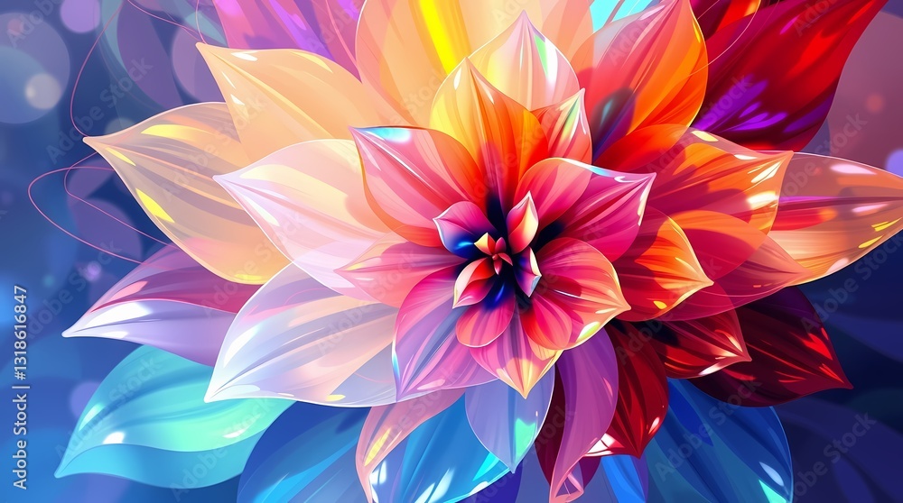 Obraz premium Radiant Floral Burst: A stunning illustration of a vibrant flower bursts forth with a kaleidoscope of colors, showcasing intricate details and artistic flair.