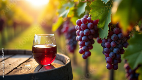 Red Wine in Vineyard at Sunset