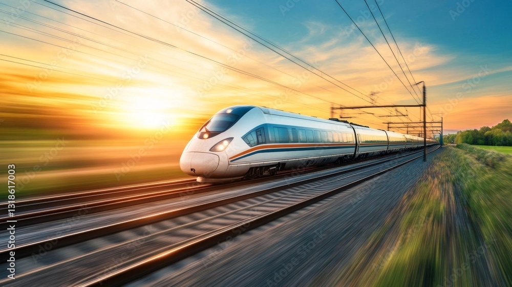 Naklejka premium A high-speed train moving through a scenic countryside at sunset, symbolizing modern transportation.