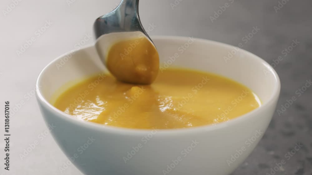 Slow motion styling pumpkin cream soup in white bowl closeup Slow motion styling pumpkin cream soup in white bowl closeup