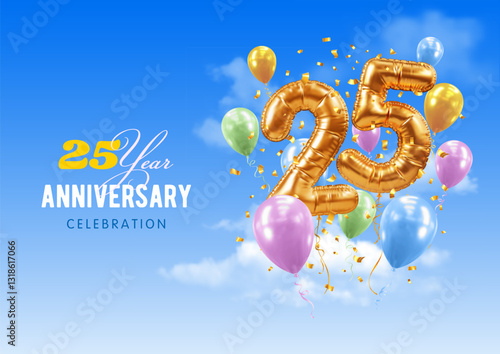 Twenty fifth anniversary or birthday celebration. Number 25 in the form of golden balloons. 3D realistic golden numerals, confetti, blue sky background. Template for gala event. Vector illustration