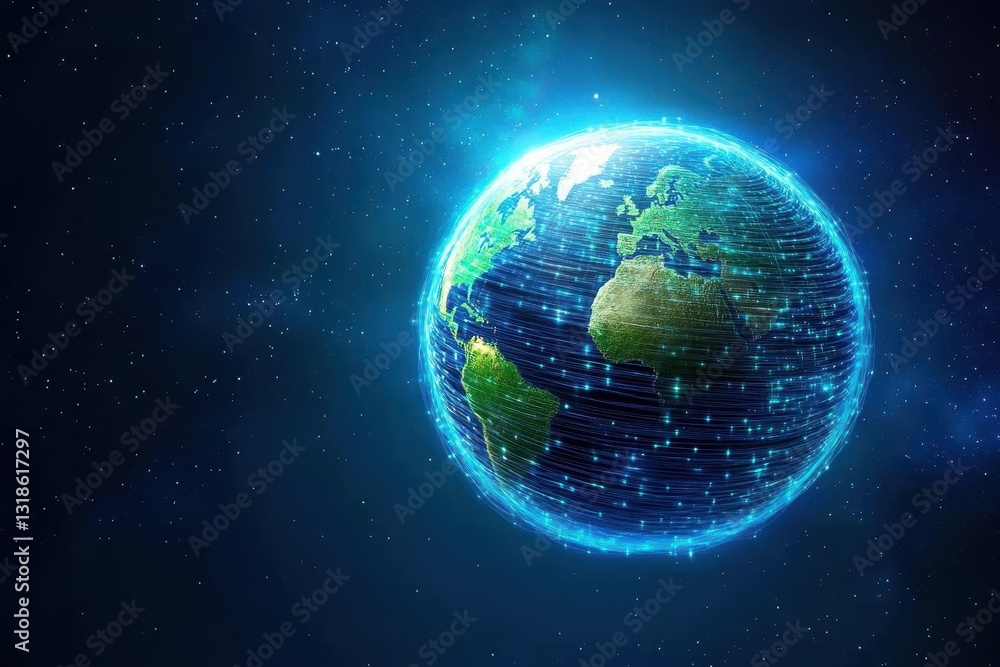 Fototapeta premium A rotating globe in optical fiber clouds transmitting signals throughout the universe in space