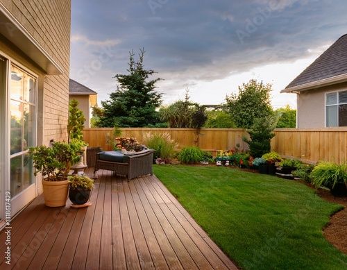back garden patio area with wood decking and potted plants
