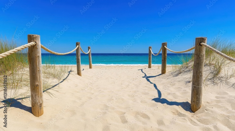 A sandy pathway with wooden posts and ropes on both sides, leading towards the beach with seascape view against clear blue sky A sandy pathway with wooden posts and ropes on both sides, leading towards the beach with seascape view against clear blue sky