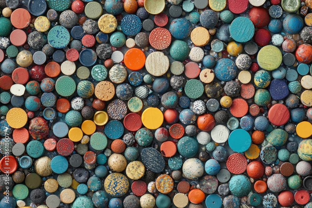 Vibrant, textured mosaic of colorful, circular elements densely packed together Vibrant, textured mosaic of colorful, circular elements densely packed together