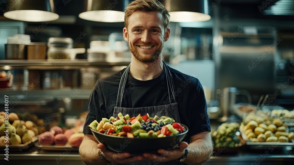 Fototapeta premium Happy Chef Holding a Delicious and Vibrant Fruit Salad in a Modern Kitchen, Representing Healthy Eating and Freshness. Perfect for Restaurant Menus, Food Blogs, and Culinary Websites.
