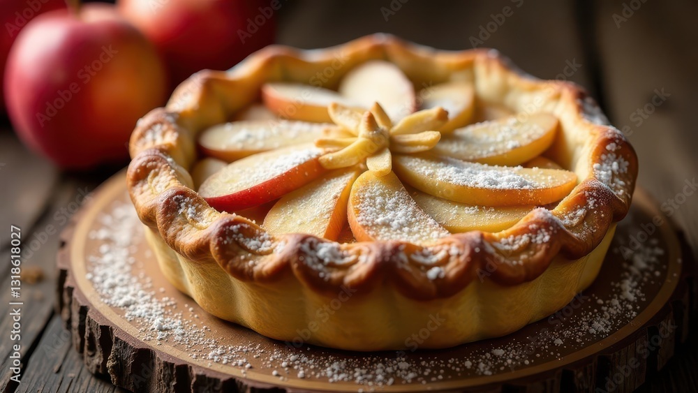 A Delicious Apple Tart with a Delicate Sugar Dusting, Baked to Golden Perfection on Rustic Wooden Surface A Delicious Apple Tart with a Delicate Sugar Dusting, Baked to Golden Perfection on Rustic Wooden Surface
