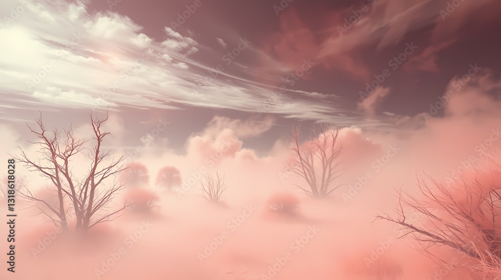 Obraz premium Crimson Mist: An otherworldly landscape shrouded in a vibrant, ethereal crimson mist. The scene is characterized by barren trees and an ominous, yet beautiful, sky.