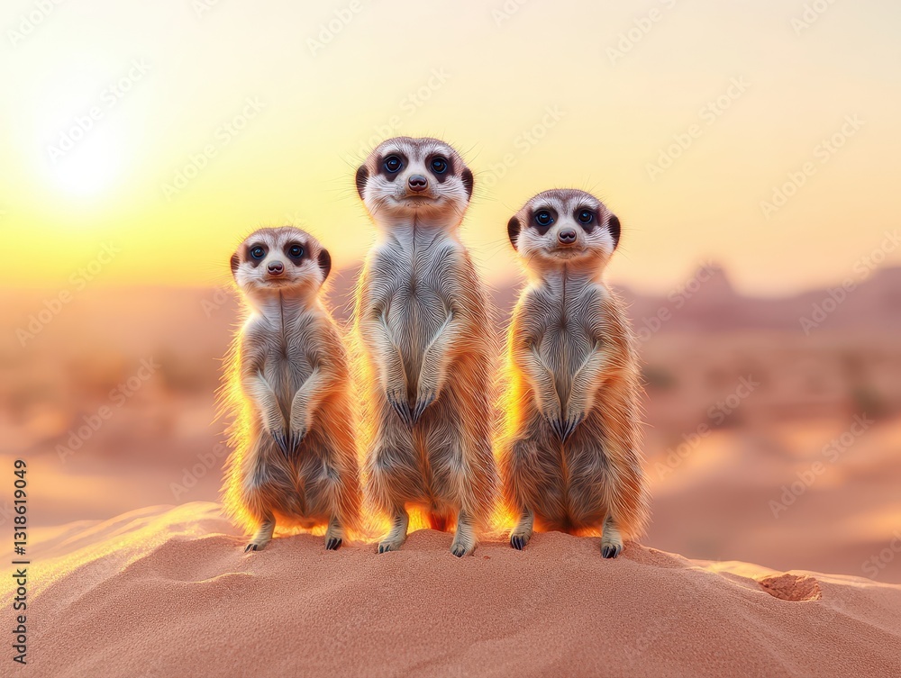 Two playful meerkats standing guard with their curious expressions in a natural outdoor habitat Two playful meerkats standing guard with their curious expressions in a natural outdoor habitat