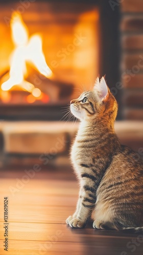 Content cat sitting on the floor next to a fireplace with a warm glow reflecting off its soft fur