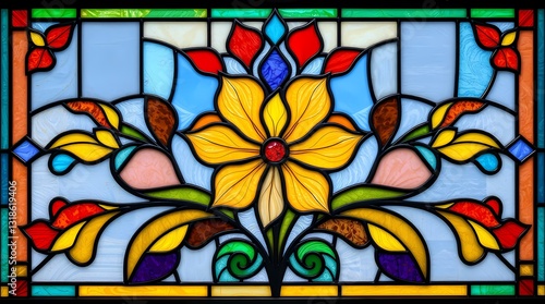 Artistic floral stained glass panel: This exquisite image showcases a vibrant, colorful stained glass panel with a floral design, featuring a central bloom and intricate surrounding patterns.