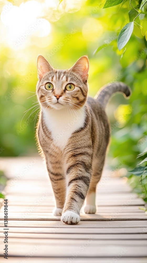 Elegant cat walking gracefully on a wooden walkway surrounded by lush greenery in a serene garden setting Elegant cat walking gracefully on a wooden walkway surrounded by lush greenery in a serene garden setting