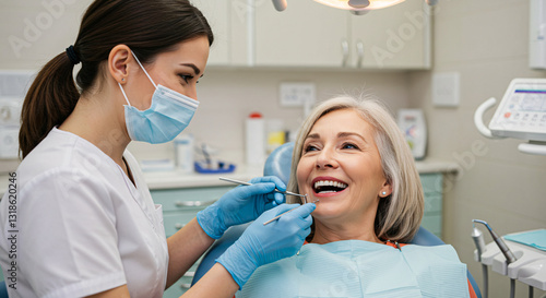 Smiling Senior Woman Receiving Dental Checkup from Dentist