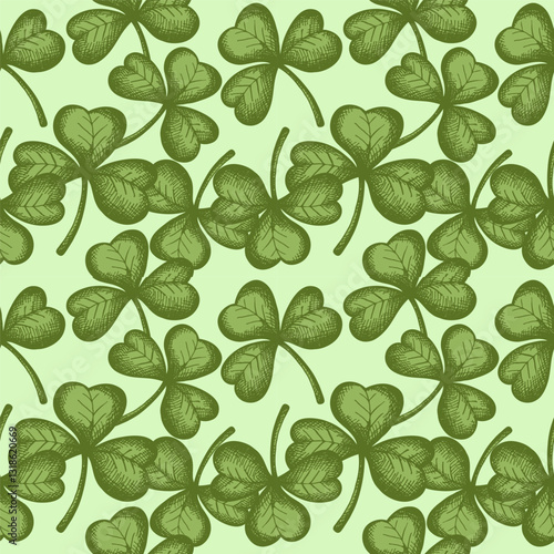 Clovers Saint Patrick's Day seamless pattern. Hand drawn vector repeating background with engraved Shamrock sketch. Design for St. Patrick Irish festival for flyer, card, paper, textile, wrapping